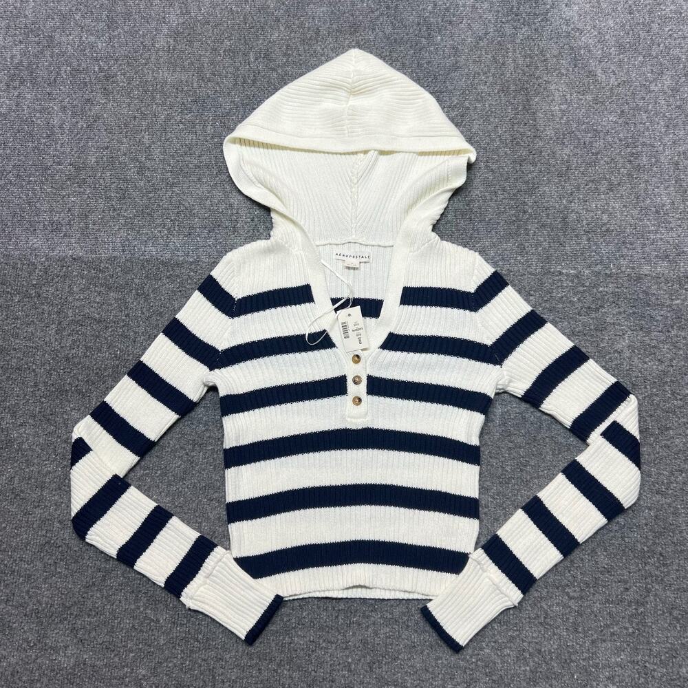 Y2k Aeropostale Women Small Striped Hooded Sweater Navy White Cotton Blend